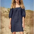 French style square neck cotton linen dress with puff sleeves and loose fit for summer - S / Bottoms / Dark Blue