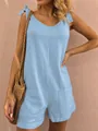 Light blue sleeveless cotton linen romper for women featuring pockets and tie-shoulder straps - S / Top And Bottom / Sky Blue