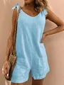 Light blue sleeveless cotton linen romper for women featuring pockets and tie-shoulder straps - S / Top And Bottom / Sky Blue