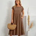 Loose brown short-sleeve cotton linen dress with pleated skirt and pockets - S / Top And Bottom / Khaki