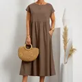 Loose brown short-sleeve cotton linen dress with pleated skirt and pockets - S / Top And Bottom / Khaki
