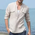 Detail of men's beige cotton linen long sleeve shirt with stand collar and pockets - M / Tops / Beige