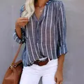 Detail view of a blue and white striped long sleeve casual blouse for women's daily wear - S / Tops / Grey Blue