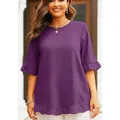 Elegant purple bell sleeve blouse with ruffle hem and round neck for women - Deep purple
