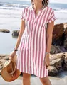 Abito a camicia casual a righe verticali rosse e bianche indossato su una spiaggia soleggiata - Taglia S / Top / Rosso