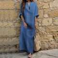 Robe longue bohème décontractée en denim bleu avec col en V, coupe ample et poches - S / Haut Et Bas / Bleu clair
