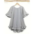 Loose-fit striped women's blouse featuring ruffle half-sleeves and a tiered flounce hem - S / Tops / Black Stripe