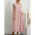 Casual roze katoenen linnen maxi-jurk met korte mouwen met zakken en een ronde hals - S / Bottoms / Roze
