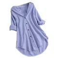 Women's loose blue and white vertical striped mid-length long sleeve casual button shirt - Deep Navy Blue