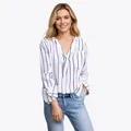 Elegant women's loose striped long-sleeve blouse with V-neck half-placket button design - XS / Tops / White