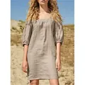 Robe élégante en coton et lin à encolure carrée française avec manches bouffantes en avoine - S / Bas / Kaki