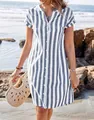 Abito a camicia casual a righe blu e bianche da donna vestibilità comoda stile spiaggia - Taglia S / Top / Blu Marino