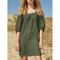 Robe courte française en coton et lin à col carré avec manches bouffantes vert olive ample - S / Bas / Vert