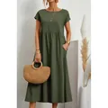 Casual army green cotton linen short sleeve maxi dress featuring functional side pockets - Army Green