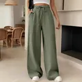 Women's casual high-waisted wide-leg drawstring pants in olive green linen-look fabric - S / Bottoms / Army Green