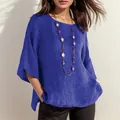 Retro blauwe linnen katoenen blouse met ronde hals en modieuze 3/4 mouwen voor dames - S / Tops / Blauw