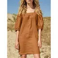 Robe décontractée en coton et lin à encolure carrée de style français en orange. - S / Bas / Marron