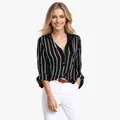 Camisa casual de manga larga a rayas verticales blancas y negras para mujer con botones frontales - XS / Tops / Negro