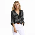 Casual women's black and white vertical striped long sleeve shirt with half button placket - XS / Tops / Black