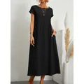 Casual black cotton linen short sleeve maxi dress with pockets for summer comfort - Black
