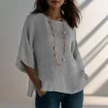 Vintage grijze katoenen linnen blouse met driekwart mouwen en een ronde halslijn - S / Tops / Grijs