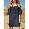 Robe en coton et lin bleu foncé de style français avec col carré et manches bouffantes - S / Bas / Bleu