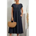 Elegant navy blue short sleeve round neck cotton linen maxi dress featuring side pockets - Navy Blue