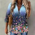 Close-up detail of a women's blue gradient floral print shirt with lapel collar and buttons - S / Tops / Blue