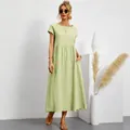 Casual light green short sleeve cotton linen maxi dress with pockets and pleated waist - Light Green