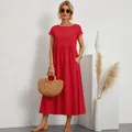Casual loose-fit red cotton linen maxi dress with short sleeves and side pockets - Red