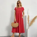 Casual loose-fit red cotton linen maxi dress with short sleeves and side pockets - Red