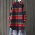 Loose long-sleeve plaid tunic shirt for women styled with rustic wooden background - S / Tops / Red and Blue Plaid
