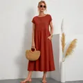 Rust red short-sleeved round neck cotton linen maxi dress with pockets for women - Burgundy