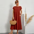Rust red short-sleeved round neck cotton linen maxi dress with pockets for women - Dark Wine Red