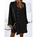 Elegant black solid V-neck long sleeve button-down A-line mini dress for women - S / Black