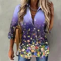 Detailed view of vibrant floral print and gradient purple fabric on a long sleeve shirt. - S / Tops / Purple