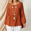 Loose terracotta cotton linen peplum top with lantern sleeves for a casual summer style - S / Tops / Orange