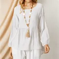 White loose-fitting women's babydoll top with lantern sleeves in textured linen fabric - S / Tops / White