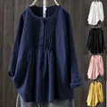 Detail view of loose cotton linen blouse with pleated neck and multiple color options. - M / Tops / Dark Blue