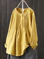 Camisa amarilla holgada de algodón flameado y lino con detalles plisados y cuello redondo - M / Tops / Amarillo