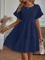 Close-up of navy blue cotton-linen dress featuring ruffled sleeves and a round neckline - S / Top And Bottom / Dark Blue