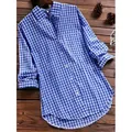 Chemise à manches longues à carreaux vichy bleu et blanc pour femme avec poche rétro - M / Hauts / Bleu foncé
