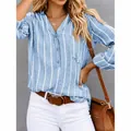 Casual blue and white striped long sleeve V-neck shirt blouse for women in cotton linen fabric - S / Tops / Light Blue