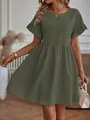 A medium shot of a dark green cotton linen dress with ruffle sleeves and pleated waist - S / Top And Bottom / Army Green