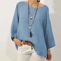 Vue détaillée d'une chemise ample en coton et lin bleu clair avec manches raglan. - S / Hauts / Bleu