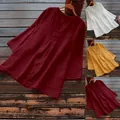 Détail d'un haut ample en coton et lin pour femme avec manches 3/4 en bordeaux et jaune. - S / Hauts / Bordeaux