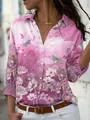 Vista detallada del estampado floral y mariposa rosa en la camisa de manga larga - 3XL / Tops / Estampado de Mariposa Floral Degradado Rosa Púrpura