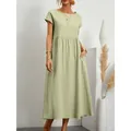 Loose fit short sleeve round neck cotton linen maxi dress with pockets in light green - Light Green