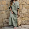 Detailed look at casual loose striped linen maxi dress with front pocket and V-neckline - S / Top And Bottom / Green Stripes