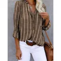 Casual women's brown vertical striped long sleeve shirt with v-neck button detail - S / Tops / Khaki